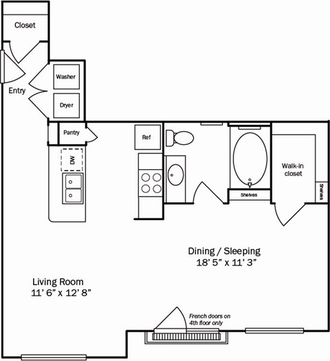 A floor plan of a small apartment with a living room, kitchen, and bathroom.